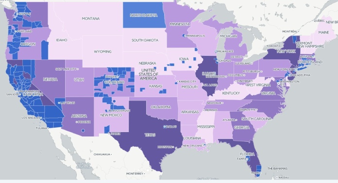 Mapa de las ciudades santuario marcadas en azul en Estados Unidos de América.